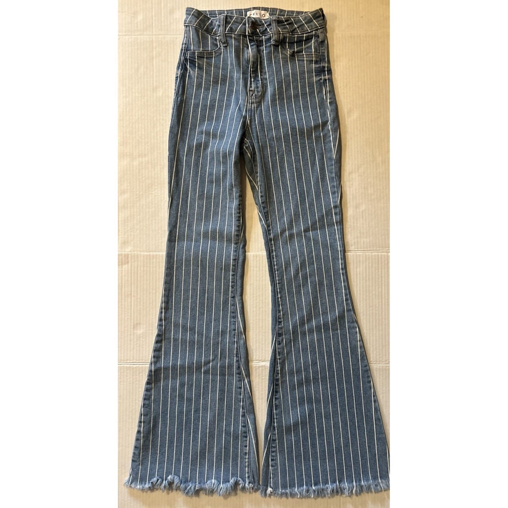 Cello Jeans Womens Size 2 Blue Striped Flared Frayed Stretch Denim Faux Pockets